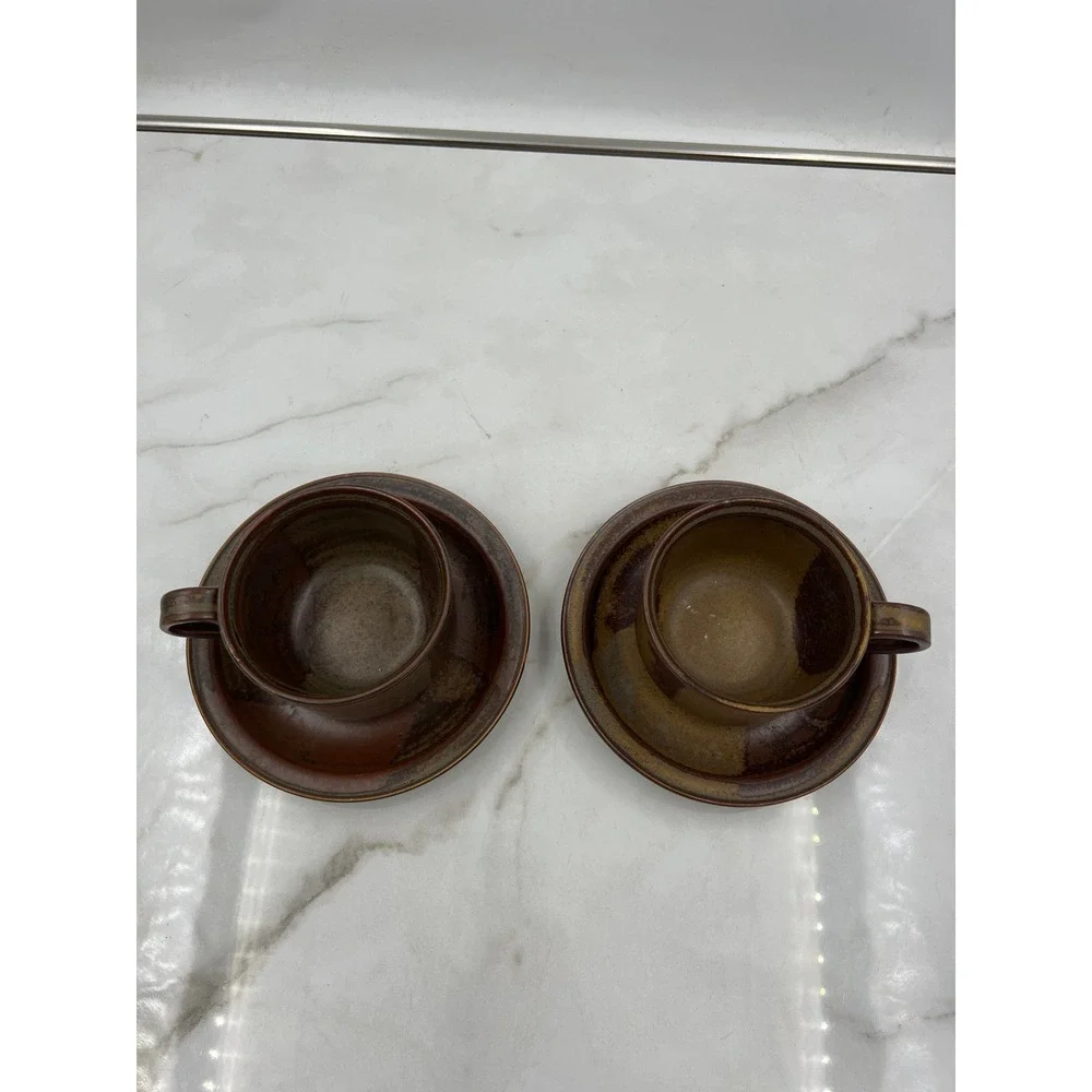 Iron Mountain Stoneware Roan Mountain Brown Cups and Saucers Artist Signed